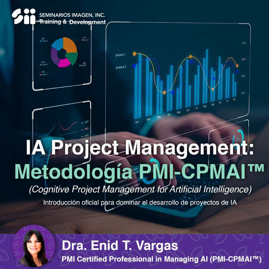 Dra. Enid Vargas Maldonado, instructora certificada, impartiendo el taller virtual de IA Project Management (PMI-CPMAI) con Seminarios Imagen - Sii Training para Latinoamérica y España.